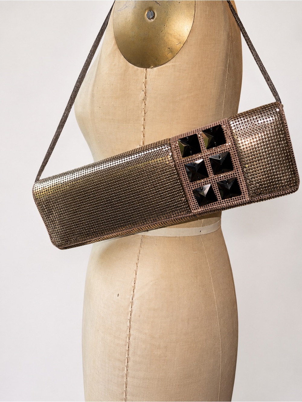 Whiting & Davis Brown Gold Metal Mesh Studded Convertible Clutch Bag